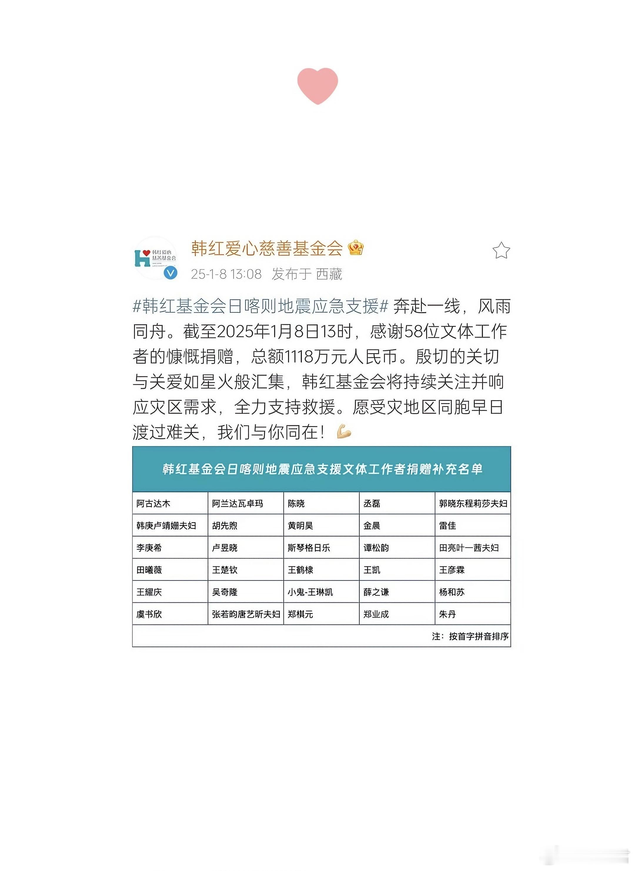 虞书欣捐款驰援西藏 在西藏灾区面临困难之际，虞书欣通过韩红爱心慈善基金会捐款驰援