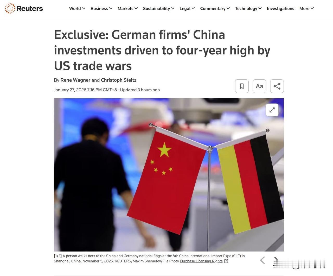 据《路透社》报道，“德国企业正在继续‍扩大其在中国的业务——而且速度越来越快。”