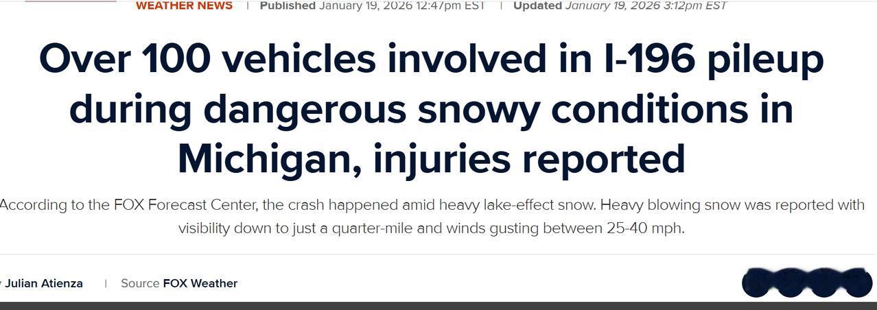 大雪导致美国高速公路百余辆汽车连环相撞
当地时间周一早晨，美国密歇根州东南部的1