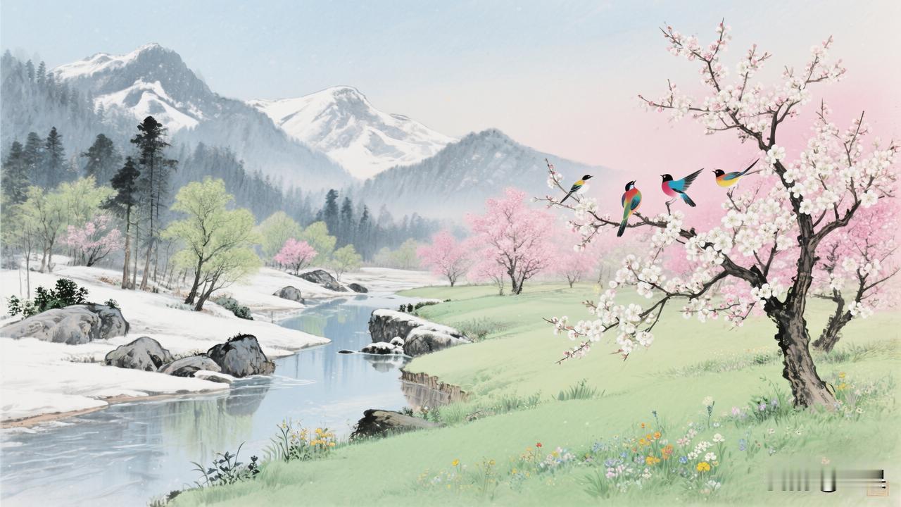 赏析：这幅对联的下联“春来鸟语花香”与上联“冬去山明水秀”相得益彰。从内容上看，