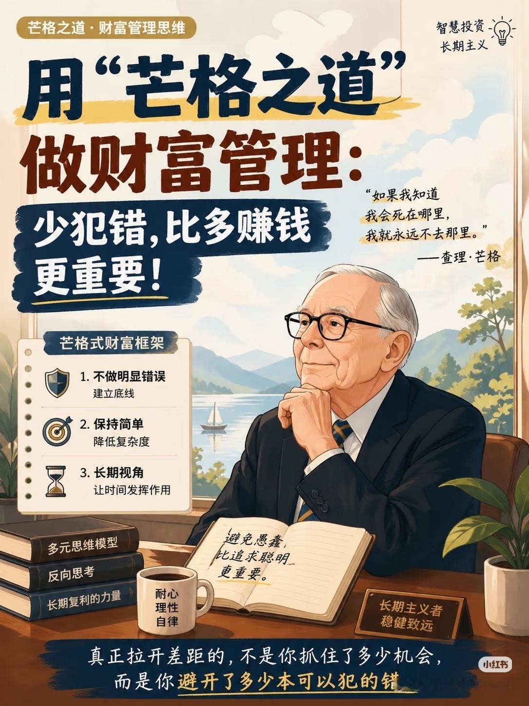芒格的财富管理之道：少犯错，比多赚钱更重要📚
 
查理·芒格说：“如果我知道我