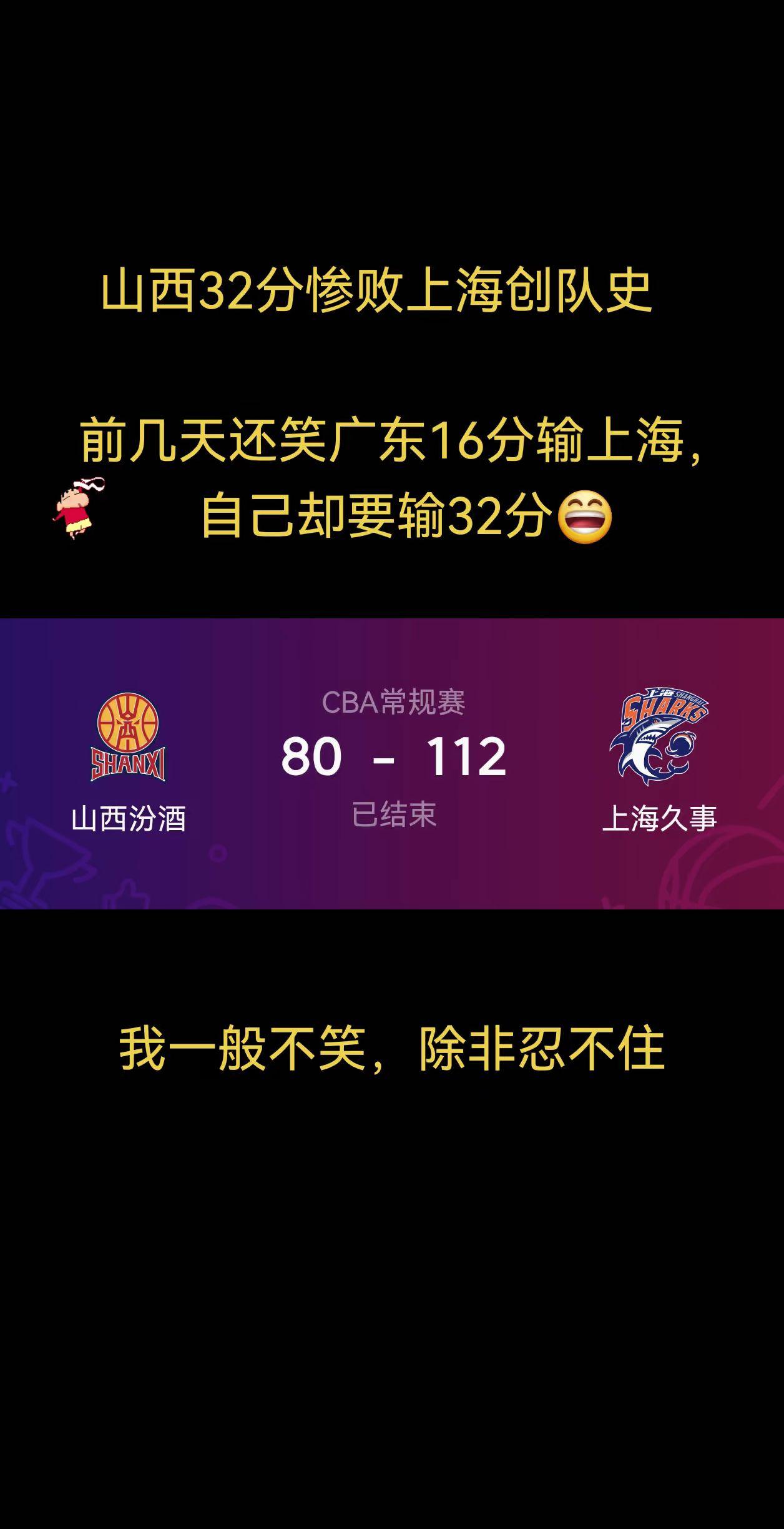 山西男篮不敌上海，32分大败上海，创历史最大分差，前几天笑广东16分输上海，而今