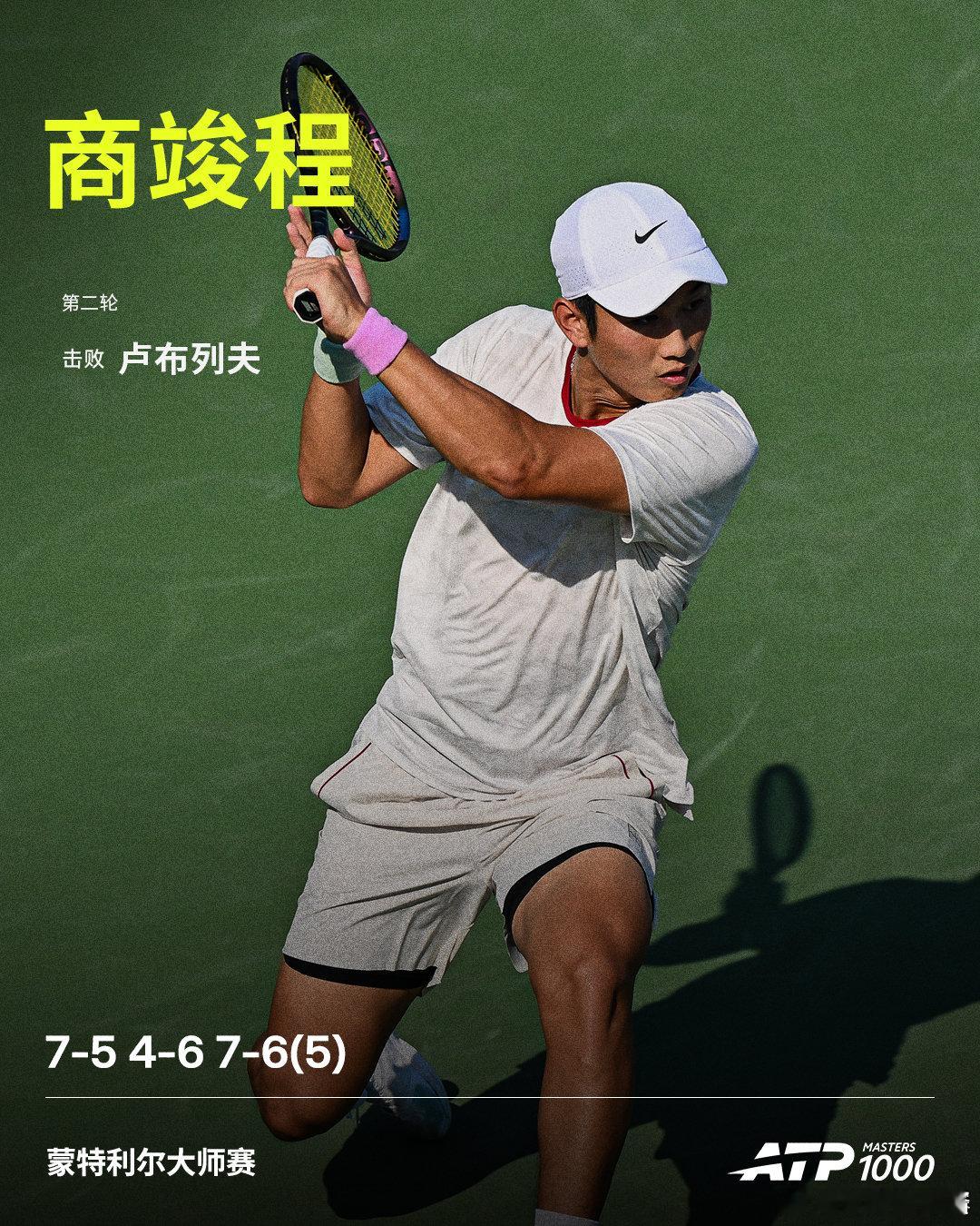 商竣程2比1卢布列夫 ATP1000蒙特利尔站第二轮，中国选手商竣程7-5、4-
