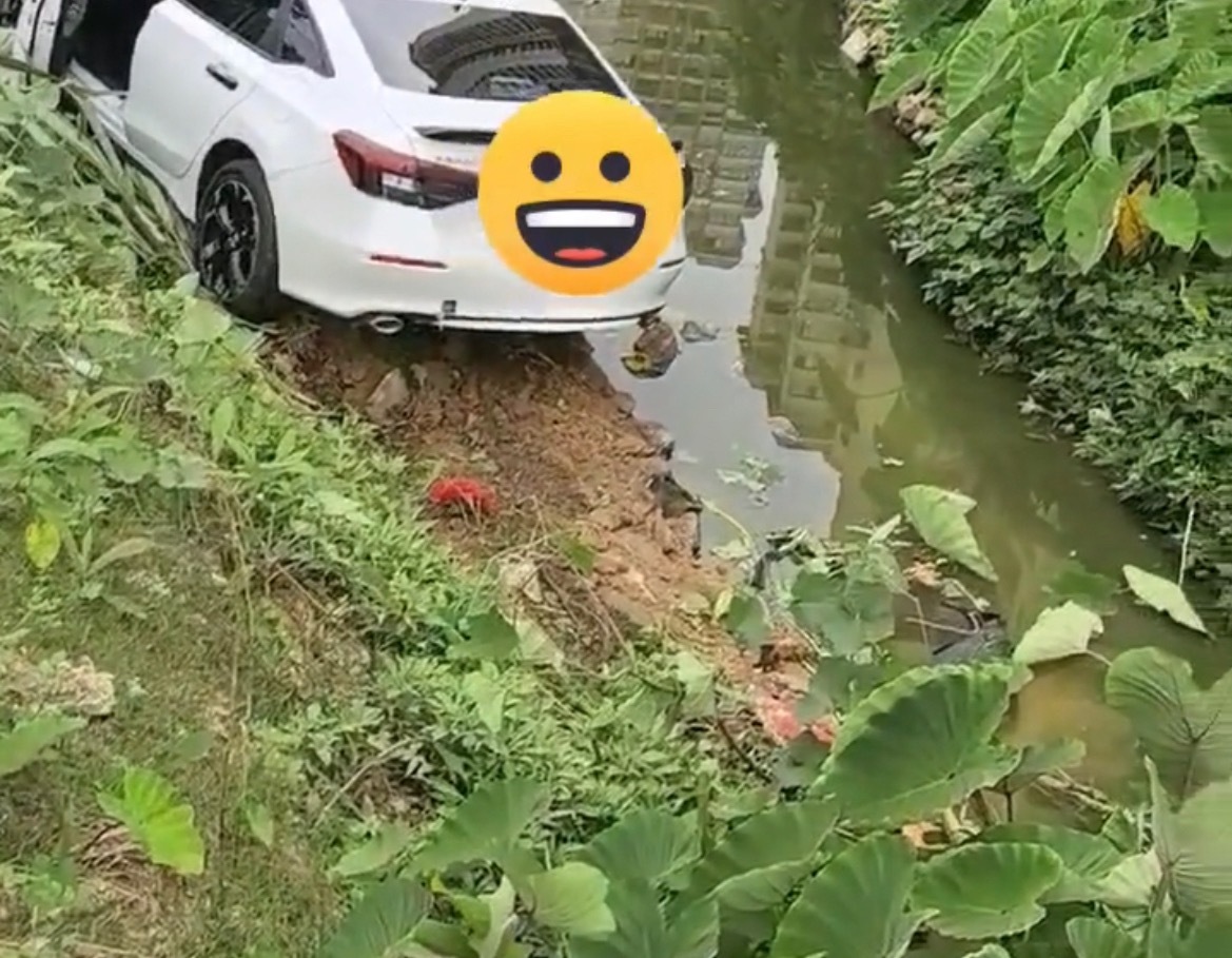 【贵港某荷园旁边一白色小轿车冲进河沟】5月7日，广西贵港某荷园旁边一辆白色的小轿