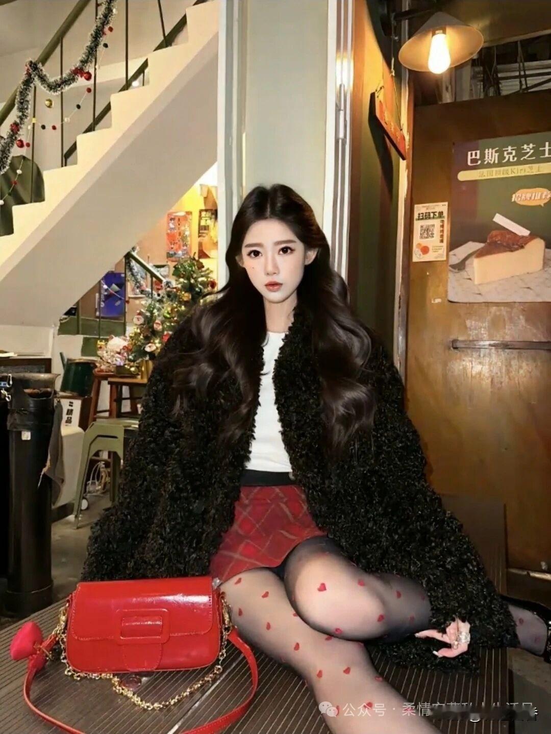 冬日暖阳下，黑毛绒外套与红裙的完美搭配，甜美与酷炫并存。时尚穿搭,今天穿什么?