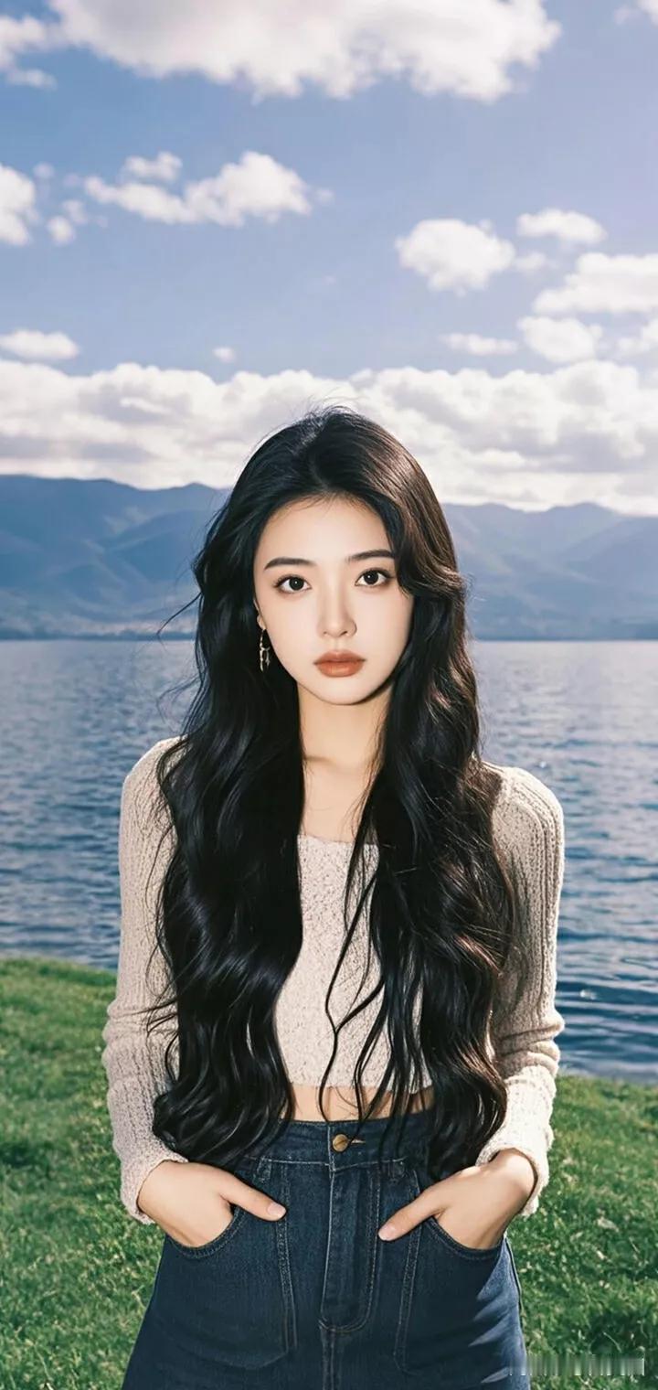 湖畔少女，长发飘逸，宁静如画。🌿💙