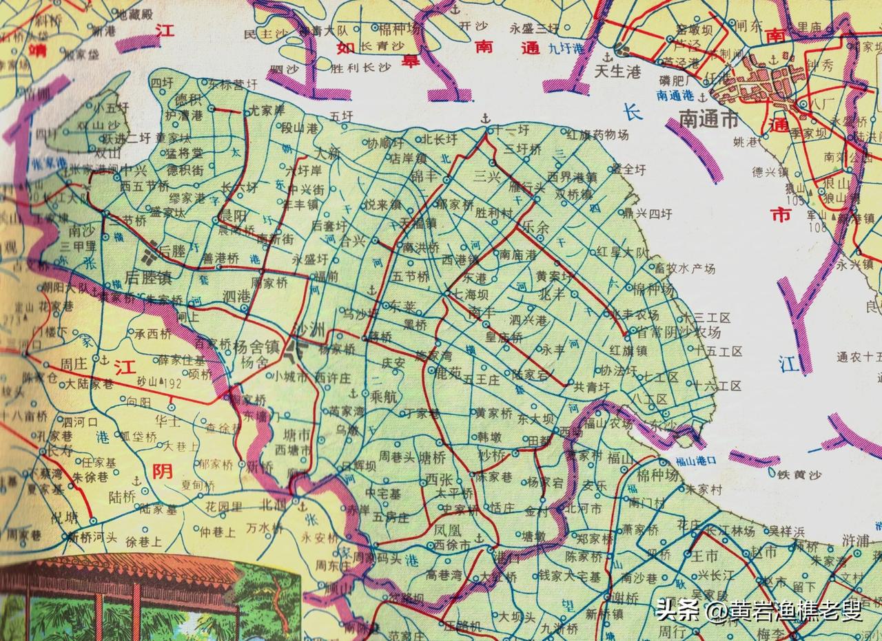 1984年江苏省苏州市沙洲县地图。沙洲县是由江阴和常熟两县各划一部分组成的新县，