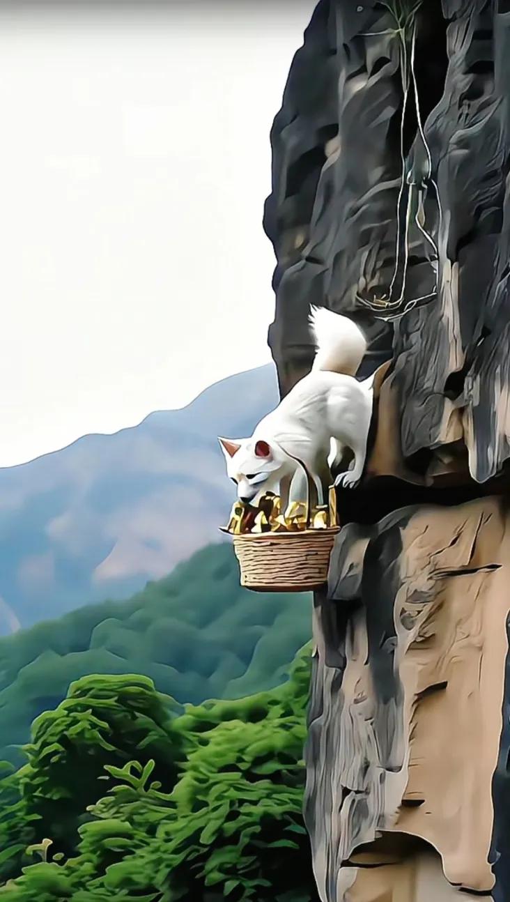 猫儿跃上悬崖顶，一爪轻拍山巅。#悬崖峭壁挂祥铃# #两岸山峰独特# #峭壁青松风