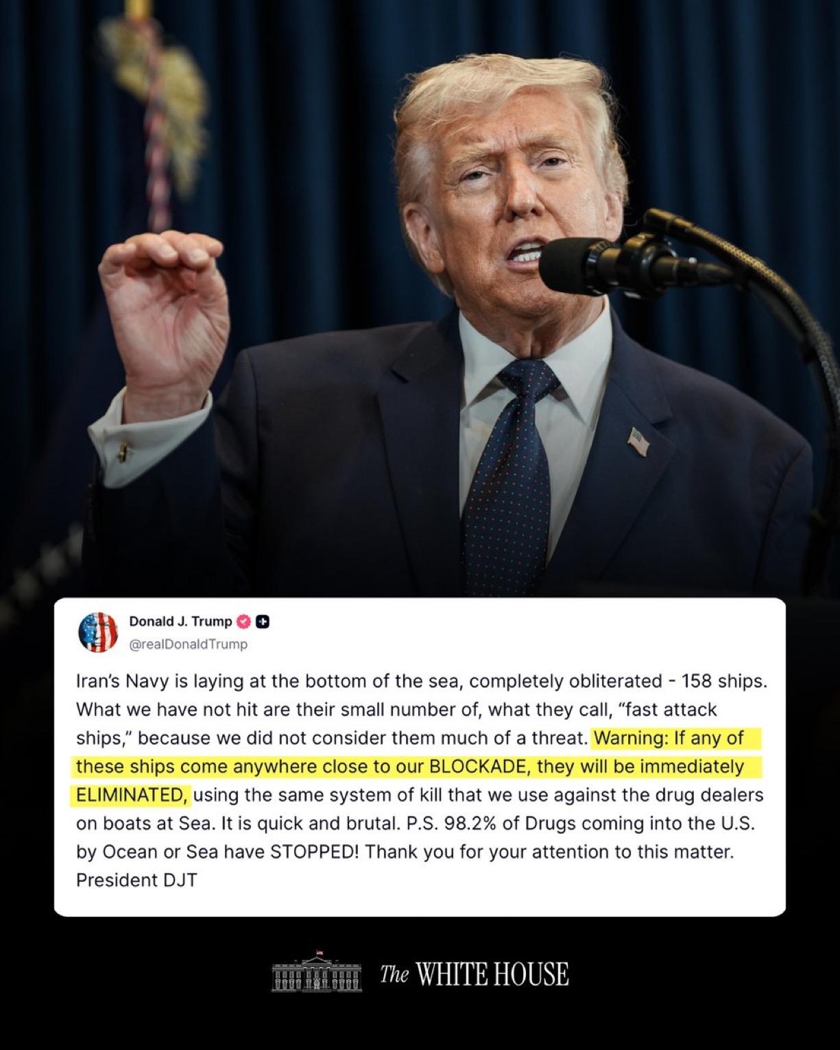 特朗普：“伊朗海军已沉入海底，完全被摧毁——158艘舰艇。我们尚未打击的是它们少