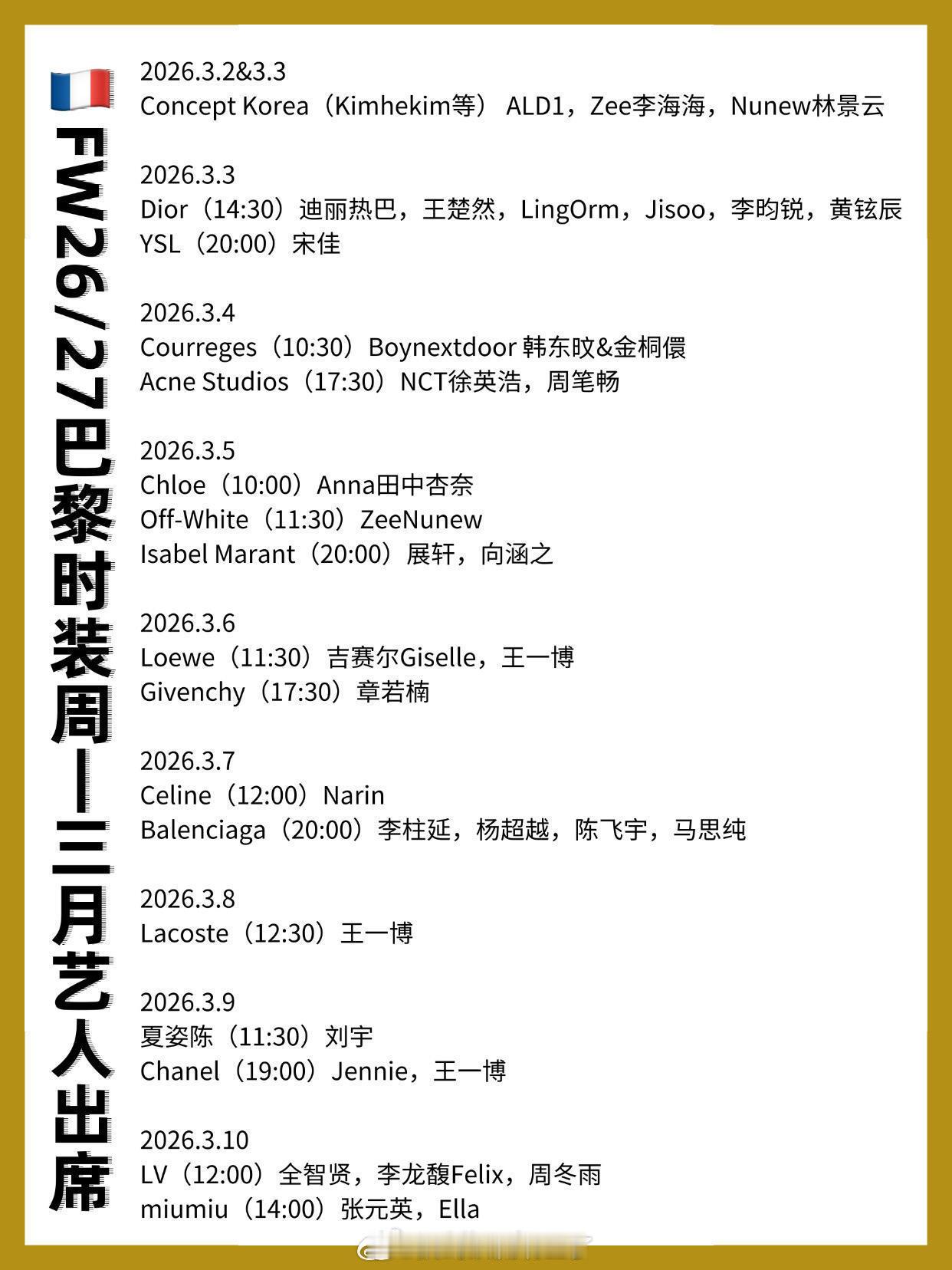 巴黎时装周出席艺人名单🈶 