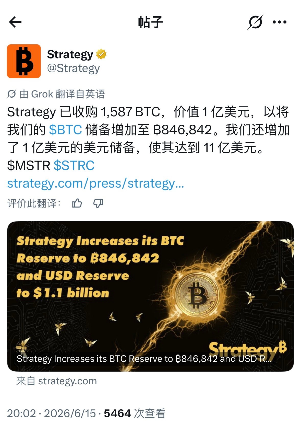 Strategy上周又加仓了1587枚大饼自前段时间抛售事件以来，btc受恐慌情
