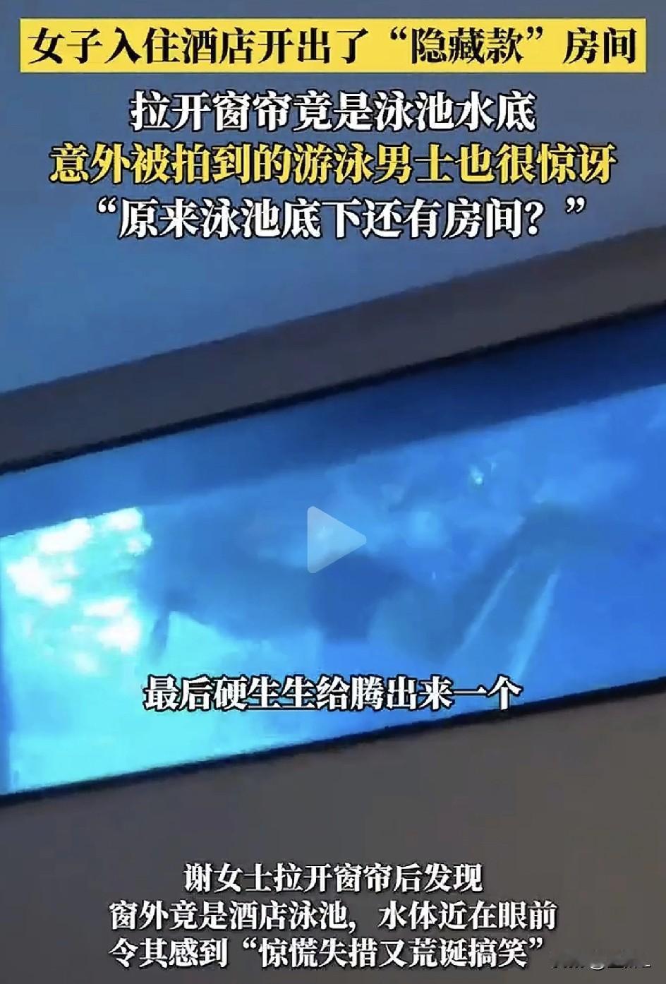 酒店客房开“盲盒”，一拉窗帘直接吓懵：窗外是泳池，水底游来个大活人！

假期订房