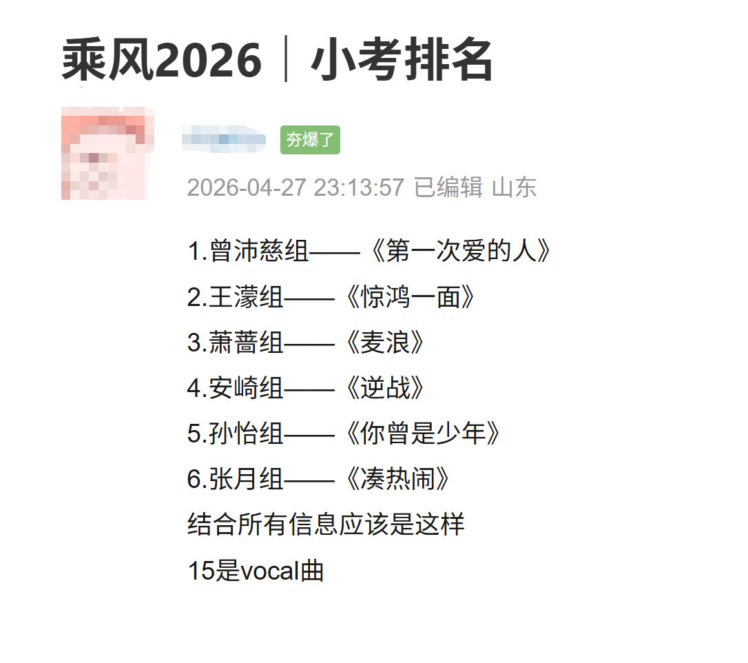 网传浪姐三公小考排名 曾沛慈团浪姐三公小考第一网传浪姐三公小考排名：1.曾沛慈团