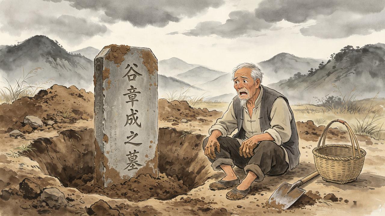 桂东有一个老农叫谷麻子，年过七旬，一日在山脚下取土，挖出一块墓碑，墓碑上刻有碑文