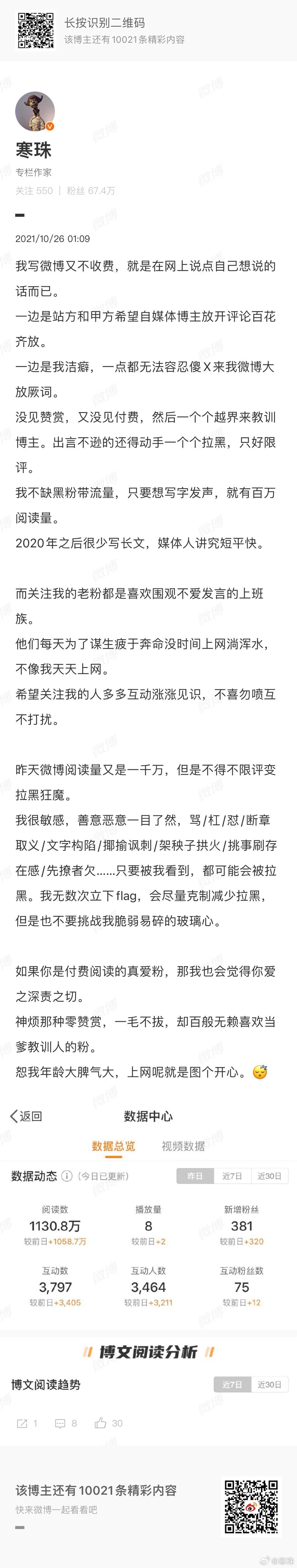 我写微博又不收费，只是在网上说点想说的话而已，所以你的意见我没兴趣，你的反驳我会
