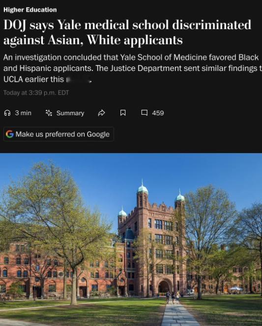 14日耶鲁医学院种族歧视风波：黑人申请者面试机会是亚裔的29倍，这公平吗？

麻
