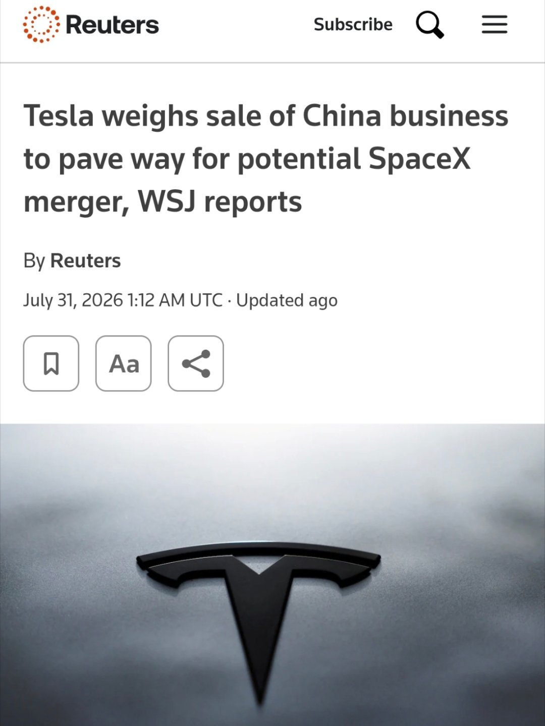 特斯拉考虑出售中国业务¹ 准确说是高管们可能讨论了分拆、合并、出售还是关闭中国业