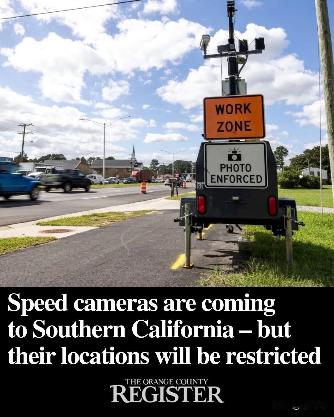 美国加州正在引入测速摄像头，特别是在施工区域和指定的试行城市。这项新法律于202