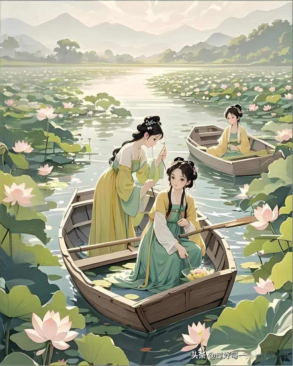 《采莲曲》
——唐·白居易
菱叶萦波荷飐风，
荷花深处小船通。
逢郎欲语低头笑，