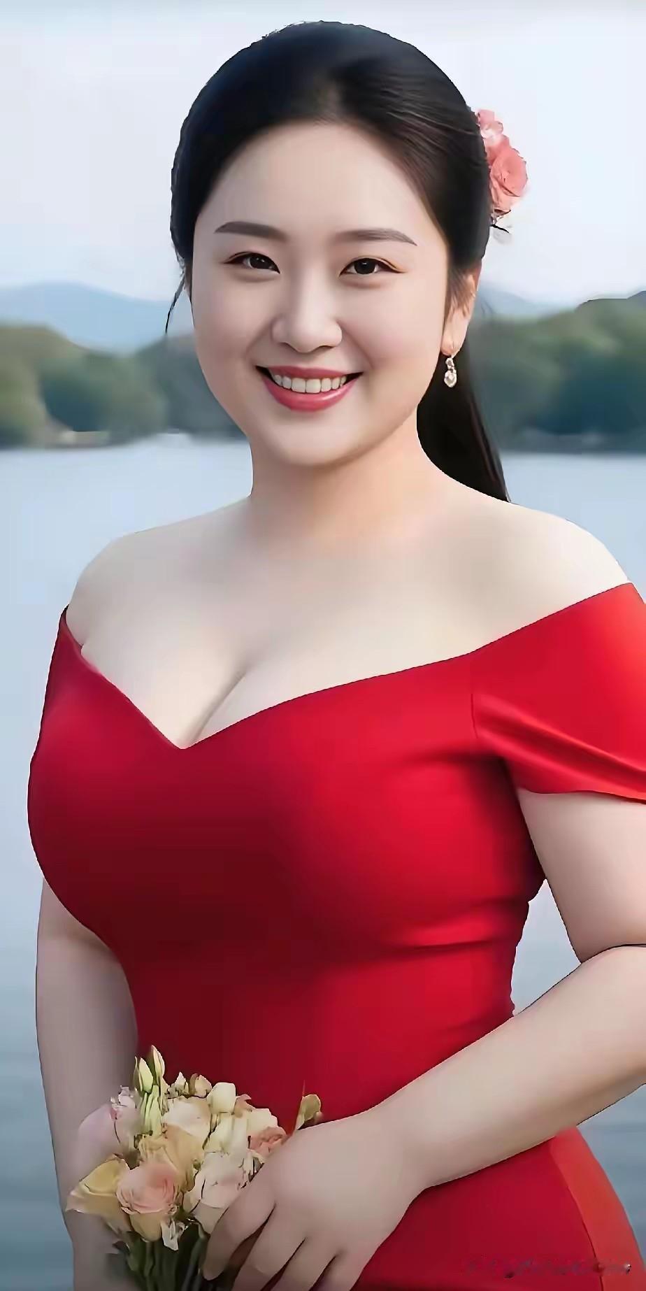 冰肌玉貌西施俏，
一笑倾城价难描。
红衫落肩添性感，
相貌端方韵自高。
海畔佳人