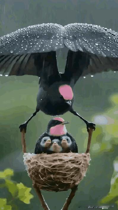 真是太感人了，鸟爸爸给妈妈和孩子们遮风挡雨