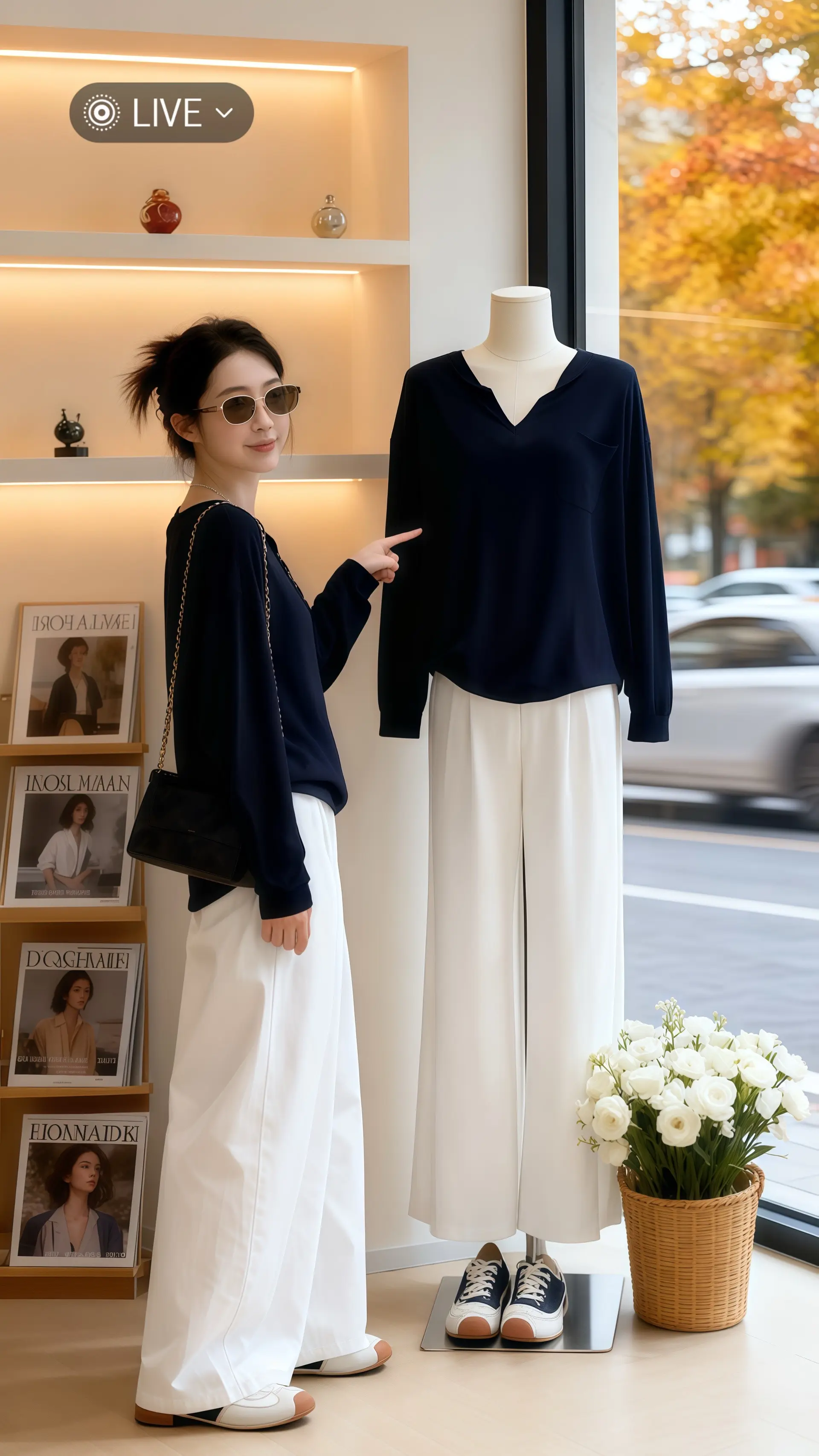 她身着高级感慵懒风两件套，藏青色长袖T恤随性自在，白色阔腿裤慵懒垂坠...