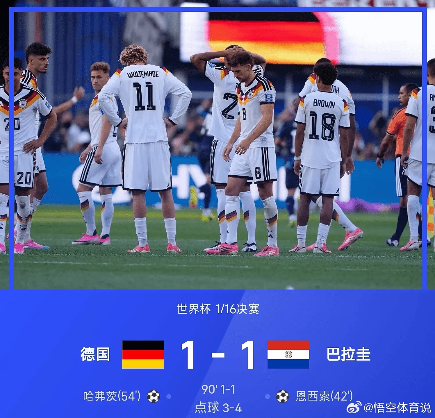 德国淘汰6月30日2026世界杯1/16决赛，德国点球大战3-4，总分4-5巴拉