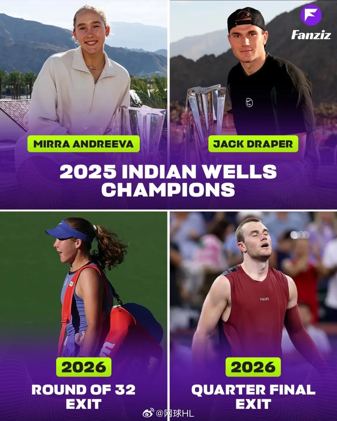 IW单打卫冕冠军今年战绩安德烈娃：32强，即时排名No.10德雷铂：8强，即时排