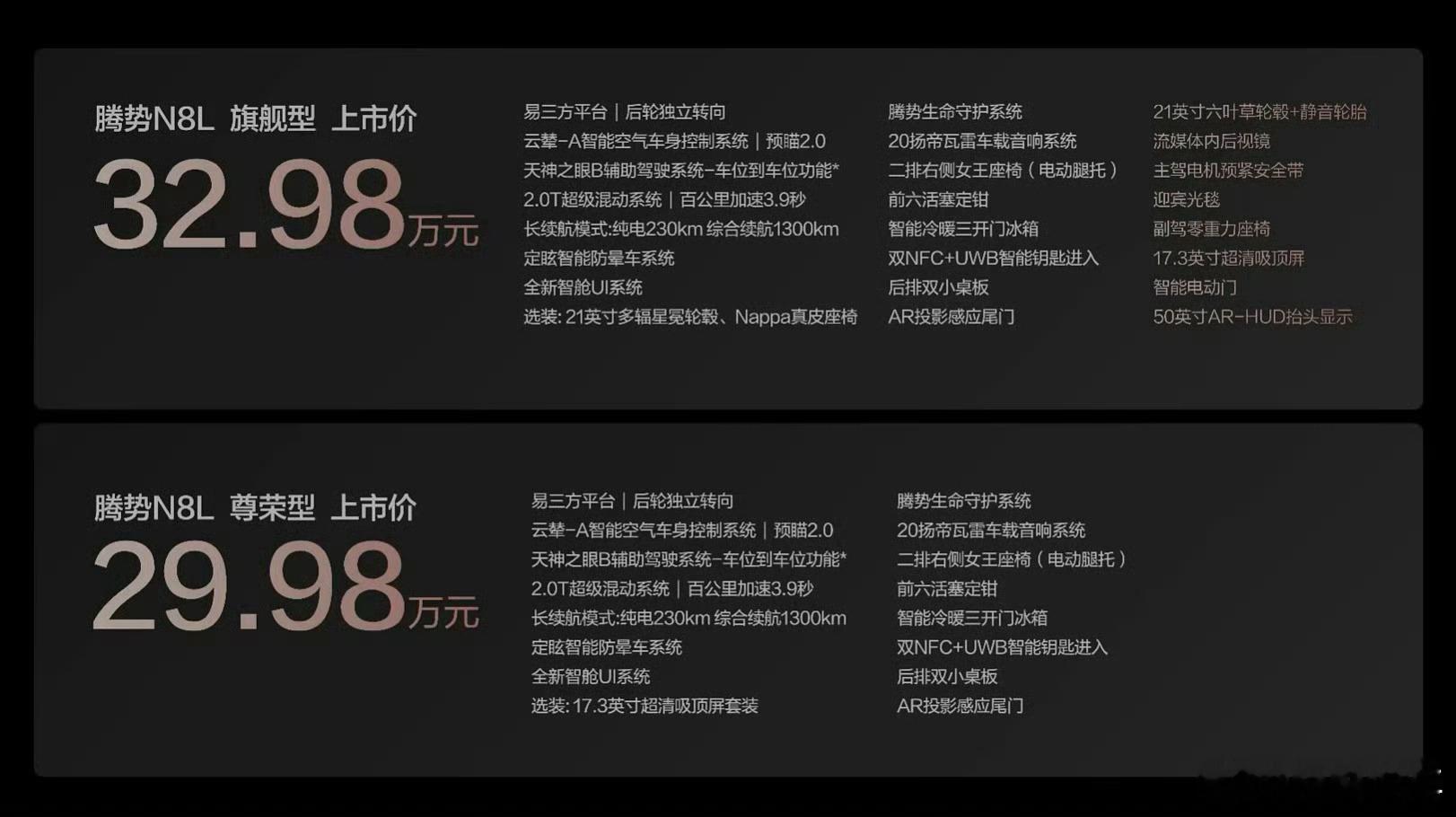 腾势N8L价格来了，一共两个版本：腾势N8L尊荣型：29.98万；腾势N8L旗舰