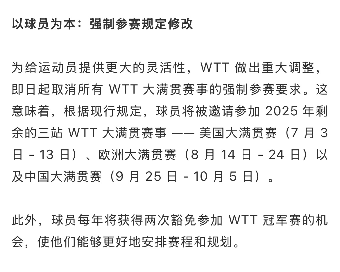 WTT公布改革措施 WTT并未对自己作为商业机构逼退两位奥运冠军的事作出解释，也