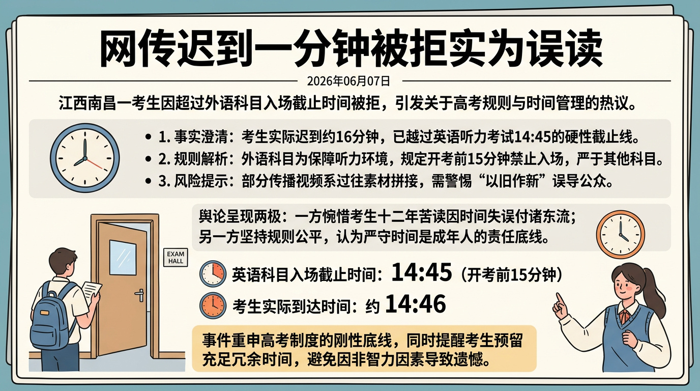 迟到一分钟考生被拒进考场这个事儿吧，我是这么看的。首先，这考生迟到的是16分钟，