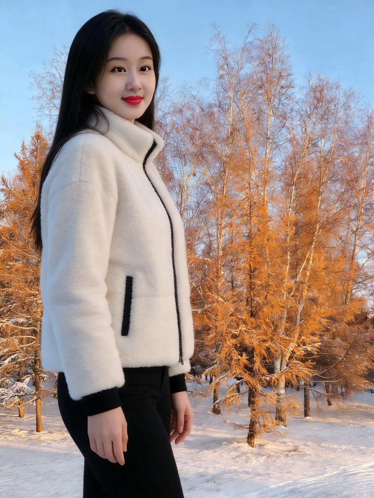 雪野凝寒色，貂裘映素妆。
一笑春风起，花影摇芬芳。