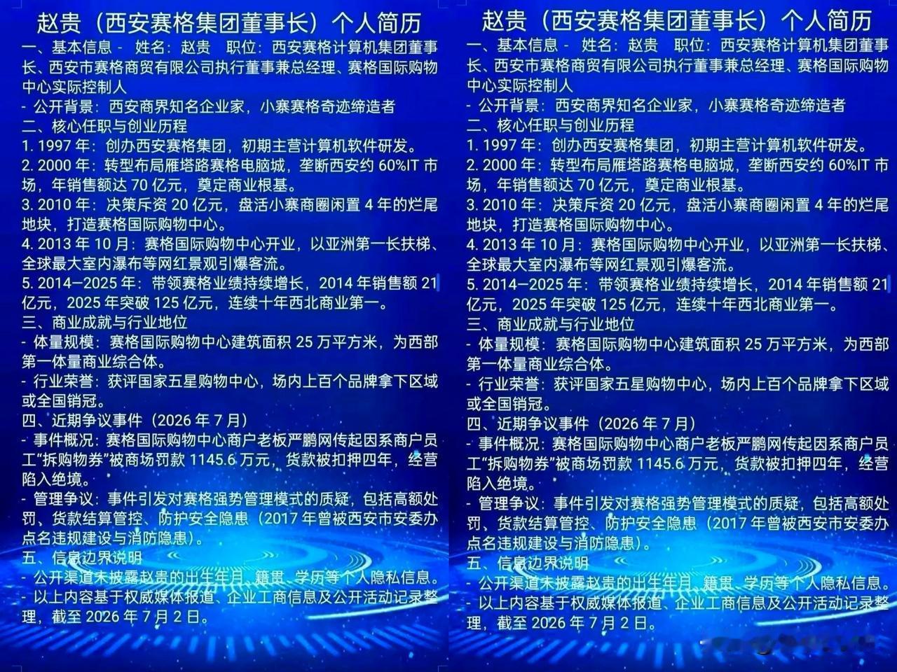 赵贵（西安赛格集团董事长）个人简历。
一、基本信息
- 姓名：赵贵
- 职位：西