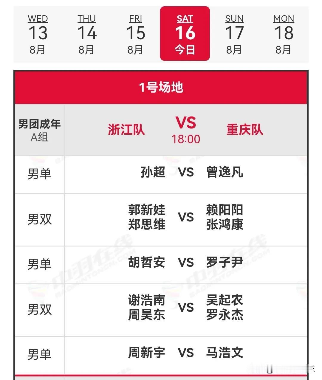 8月16日第15届全运会羽毛球团体赛资格赛晚场安排

今日，2025年第十五届全
