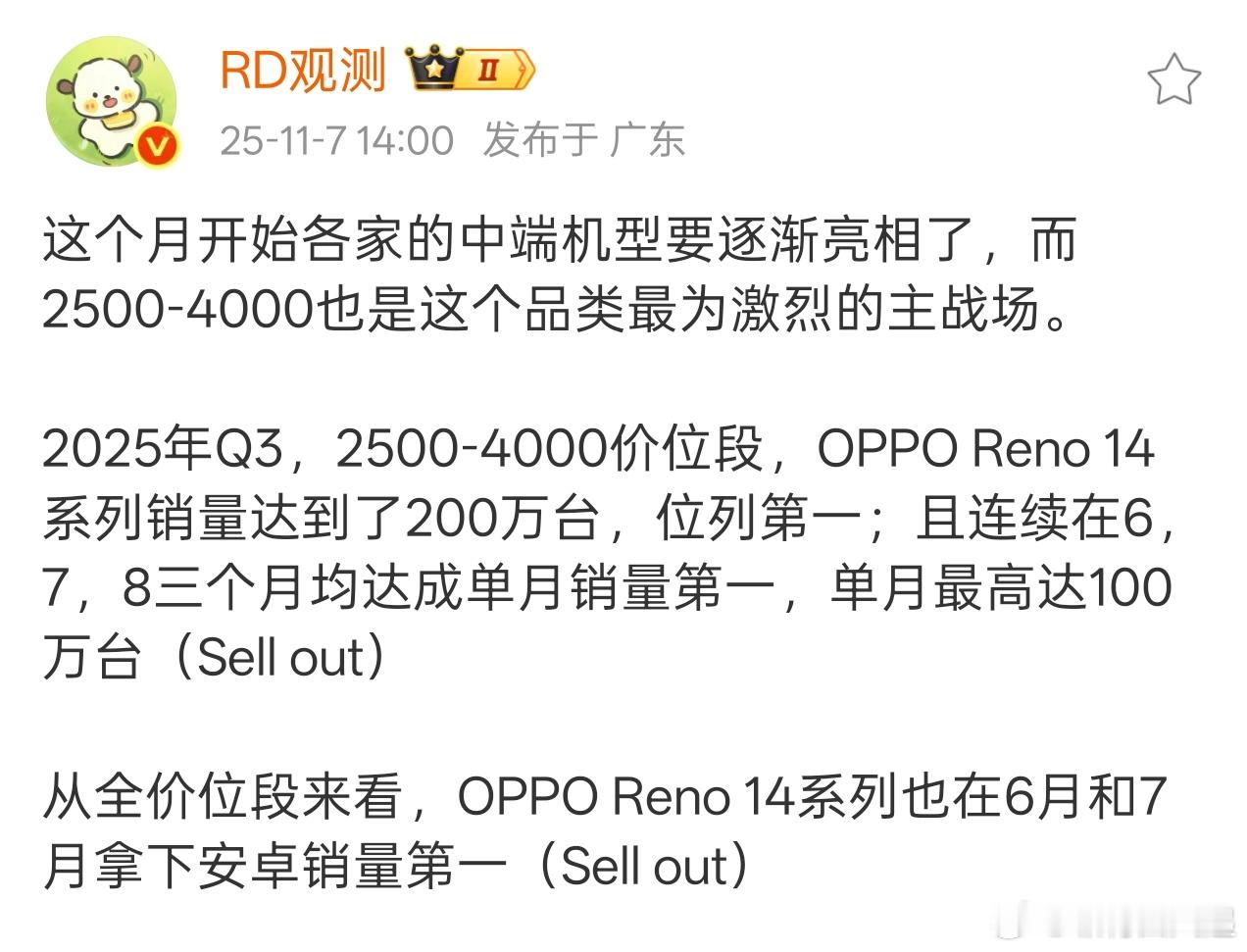 OPPO Reno14系列销量已经破200万了，太猛了，属于上一代的线下之王了[