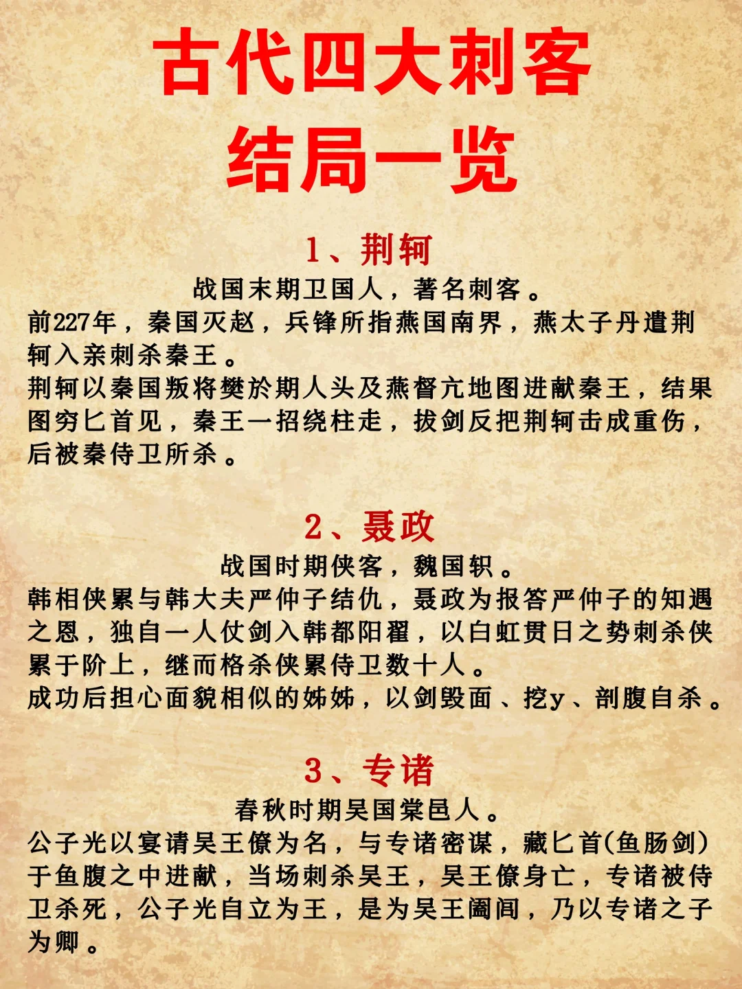 古代四大刺客结局一览！