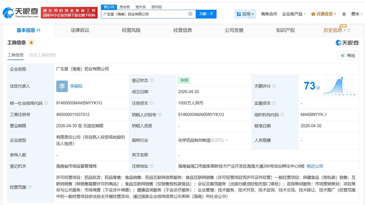 广生堂在海南成立新公司 注册资本1000万

天眼查App显示，近日，广生堂（海
