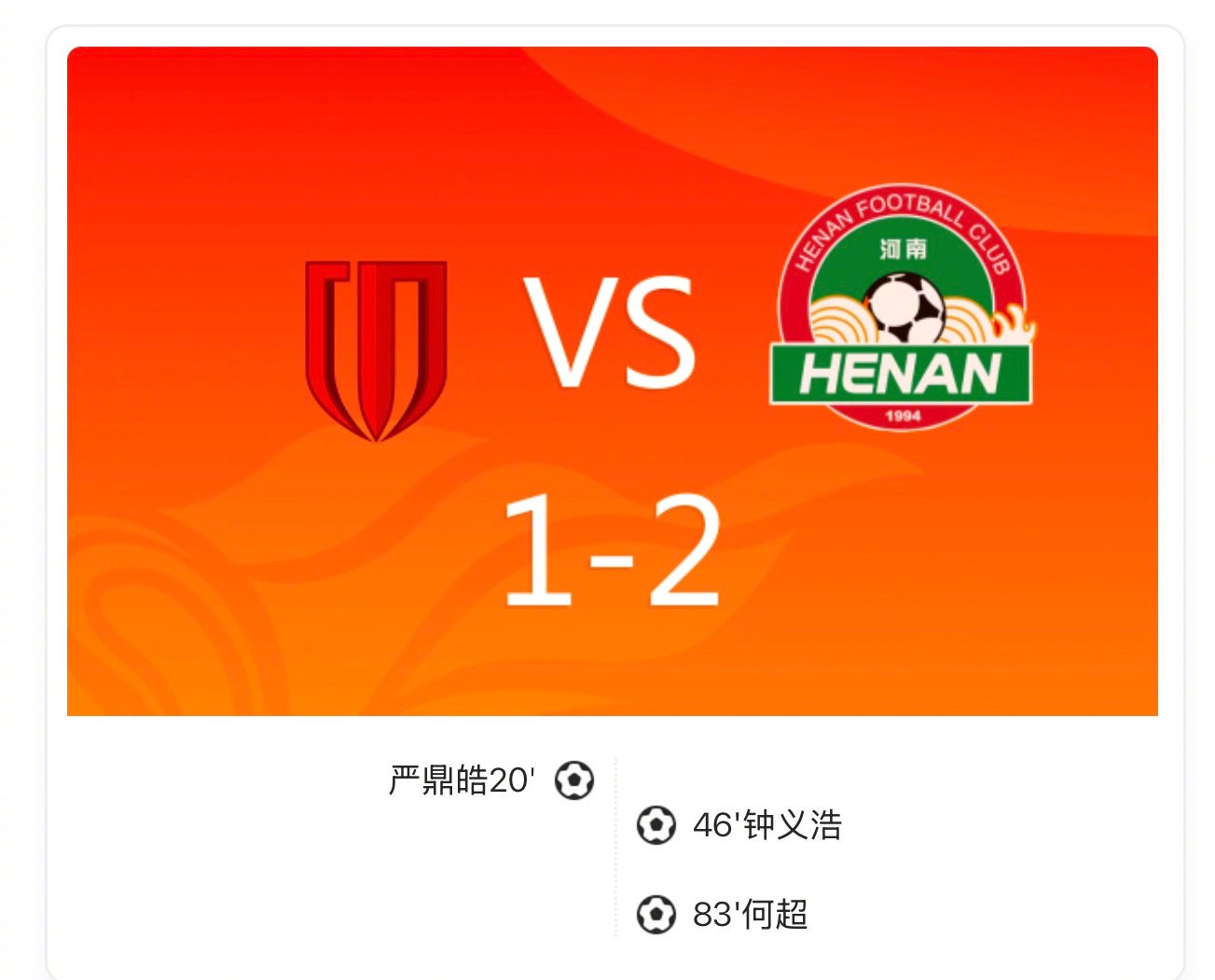 【中超：蓉城1-2河南无缘冠军，何超世界波绝杀】上半场严鼎皓任意球破门首开记录。