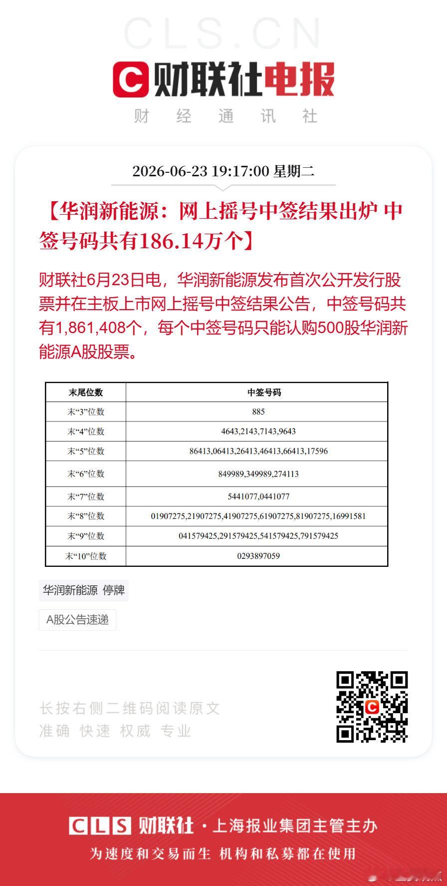华润新能源中签号出炉【华润新能源：网上摇号中签结果出炉 中签号码共有186.14