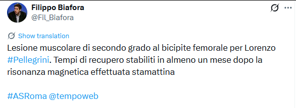 佩莱格里尼股右大腿二头肌二级拉伤，经过核磁共振检测后确认，至少缺席一个月。 