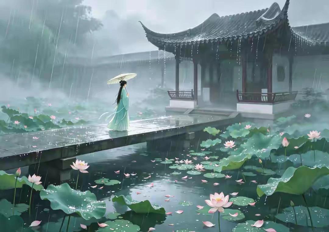 上联：雨锁横桥荷影碎
下联：风吹折伞摇欲坠
这下联以“风”对“雨”、“折伞”对“