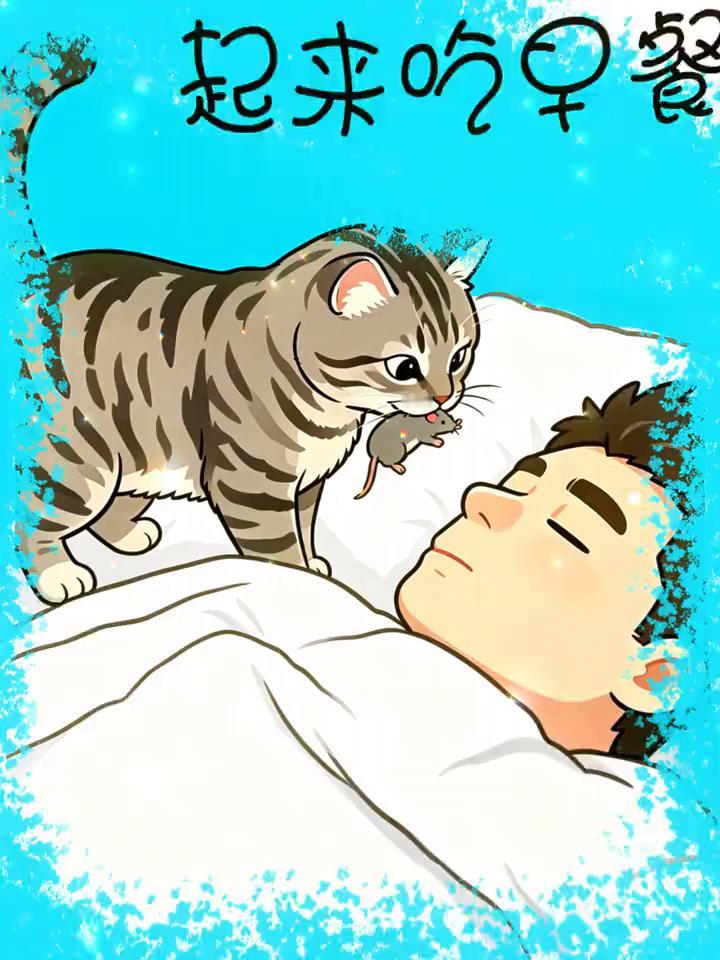起来吃早餐。
狸花给熟睡得主人带回它认为最好的食物。起来吃早餐，快拿开害怕死？