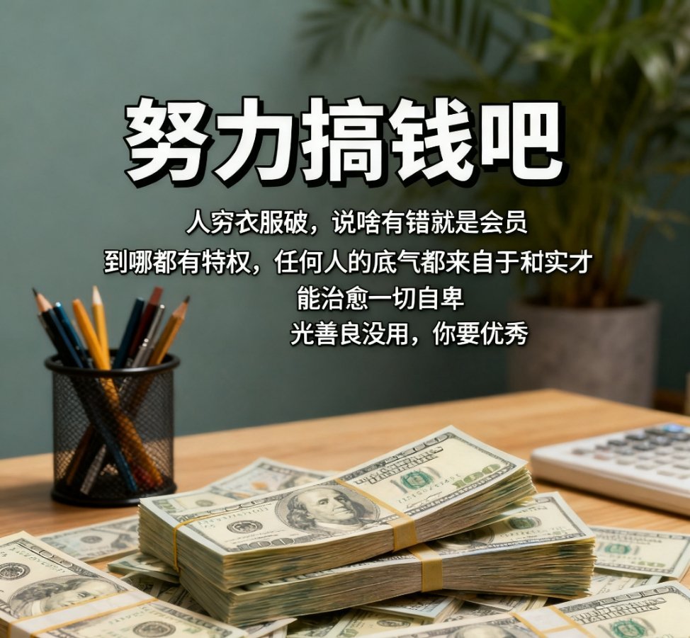 努力搞钱吧！人穷衣服破，说啥都是错，有钱就是会员，到哪都有特权，任何人的底气都来