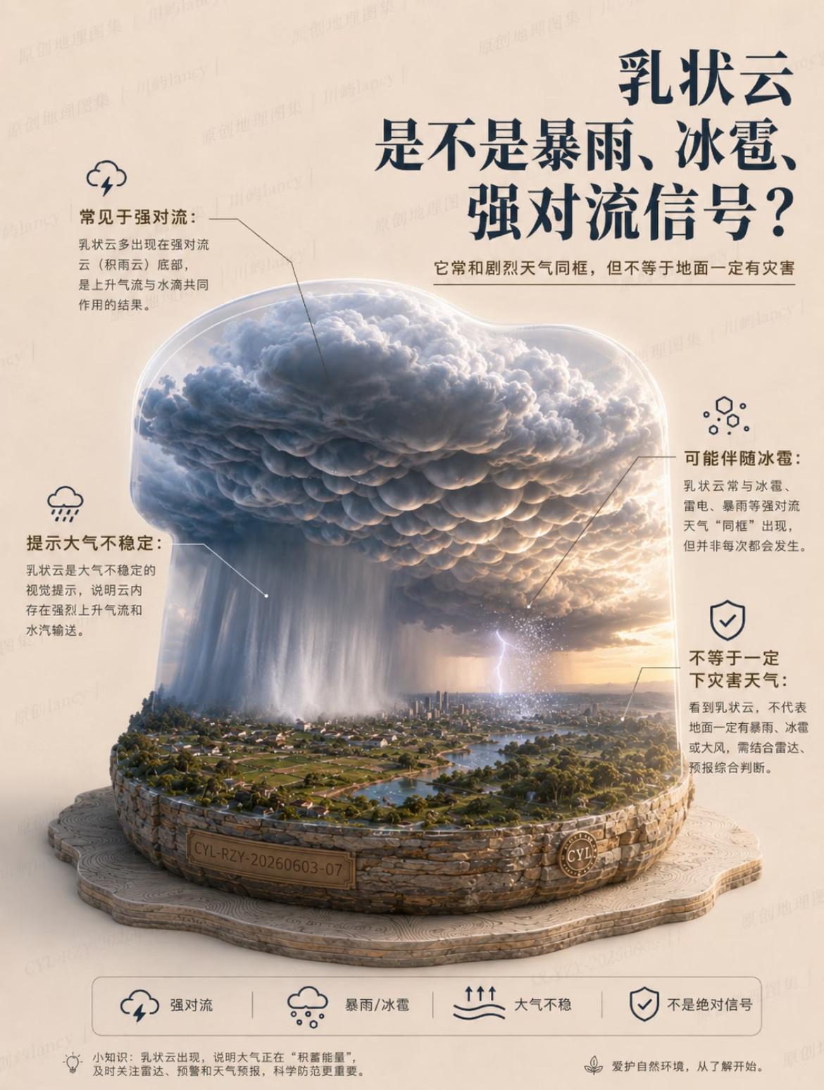 乳状云 特大暴雨虽然这☁️的形状挺好看的，但是会伴随恶劣天气，遇到这种☁️，还是