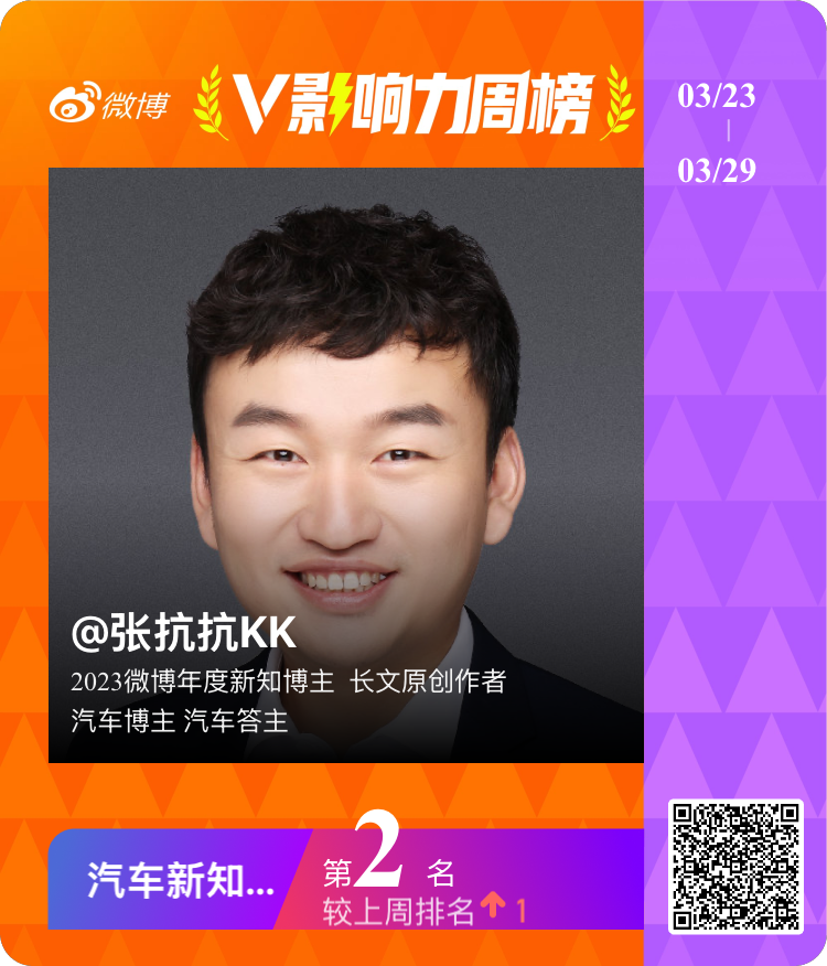【V影响力榜 2026年第13周】「汽车新知博主周榜」揭榜啦！恭喜获得榜单前三名