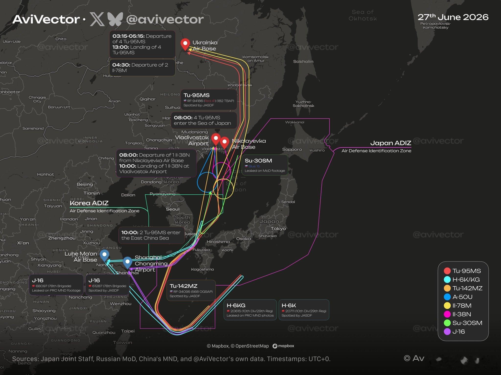 此次中俄轰炸机联合巡航路线图以及出发地点和巡航地点。 