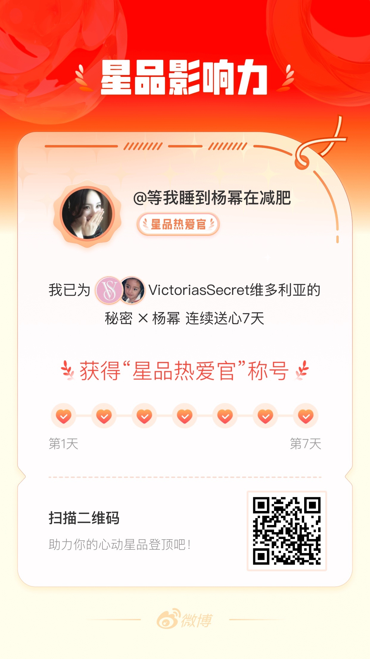 我在星品影响力上为 X 连续送心7天，获得“星品热爱官”称号！快来一起pick你