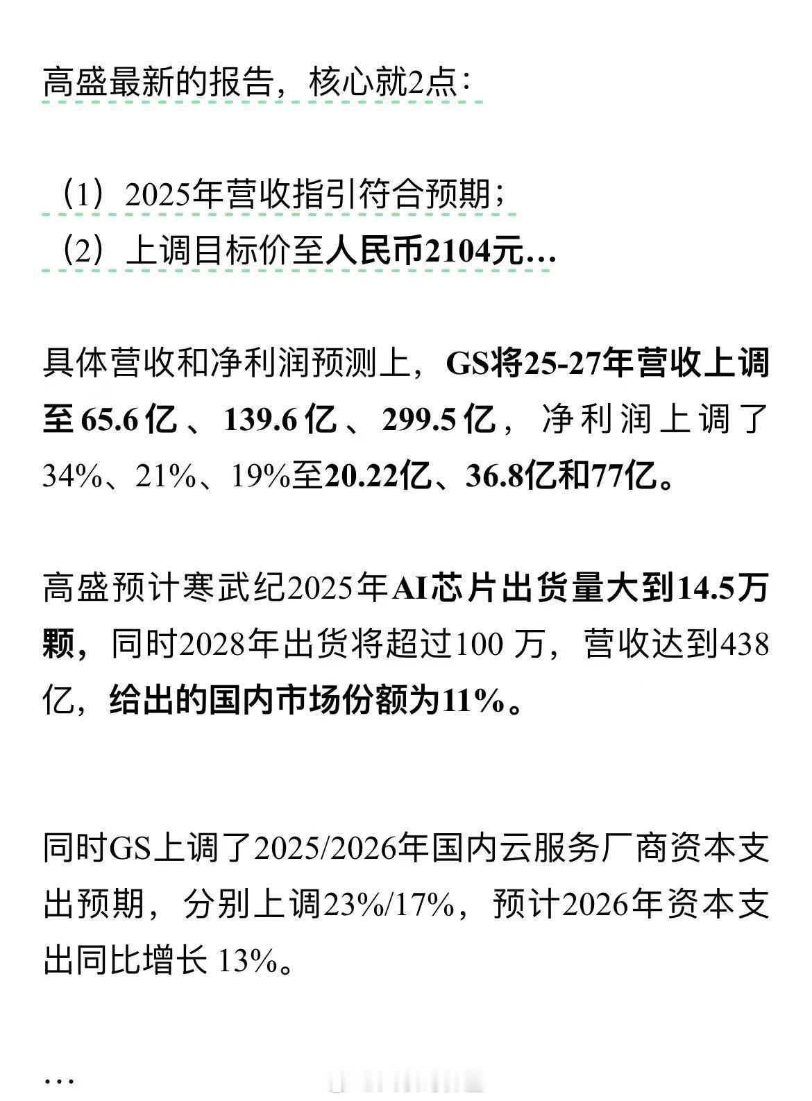 高盛再次上调寒武纪目标价至2104元[流汗] ​​​