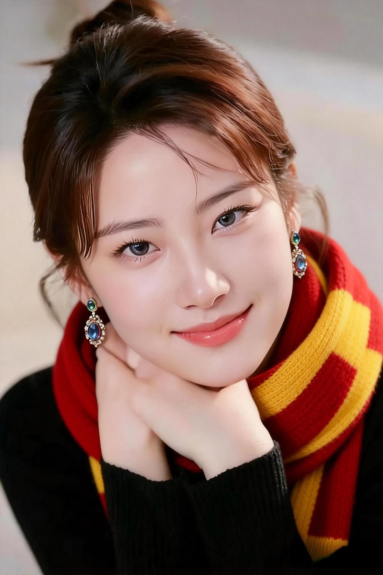 冬日暖阳下的甜美笑容，红黄围巾与蓝宝石耳环的完美搭配，温暖又时尚。