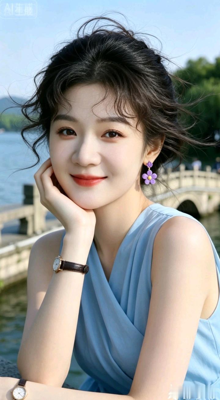 温柔蓝裙少女，桥边微笑如画。女生衬衫怎么穿好看 白色衬衫裙穿搭 白衬衫白裙穿搭 